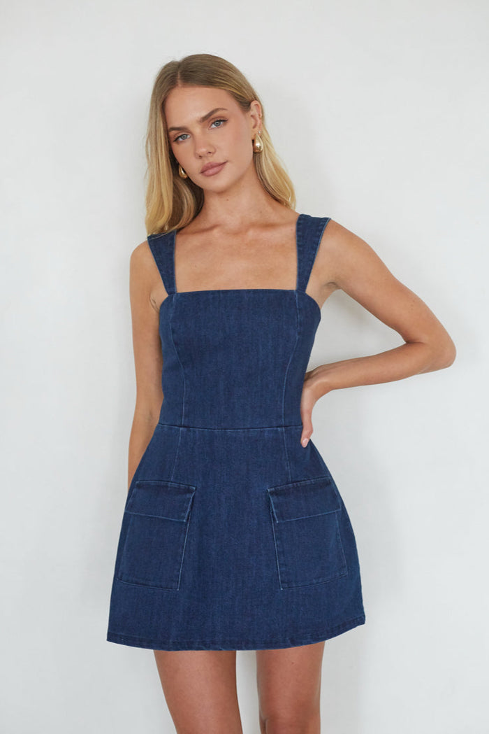 Mellie Denim Romper Mini Dress | Shop American Threads Boutique Dark Denim / S Mellie Denim Romper Mini Dress | Shop American Threads Boutique Dark Denim / S
