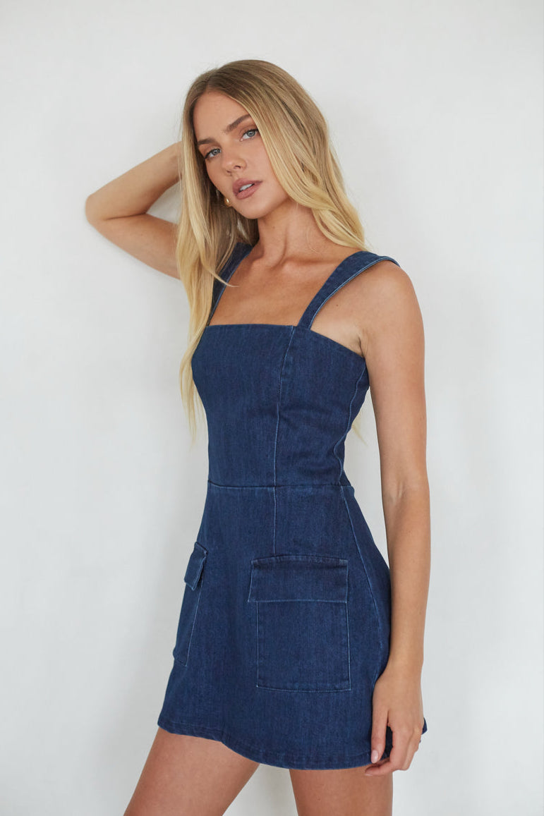 Mellie Denim Romper Mini Dress | Shop American Threads Boutique Dark Denim / M Mellie Denim Romper Mini Dress | Shop American Threads Boutique Dark Denim / M