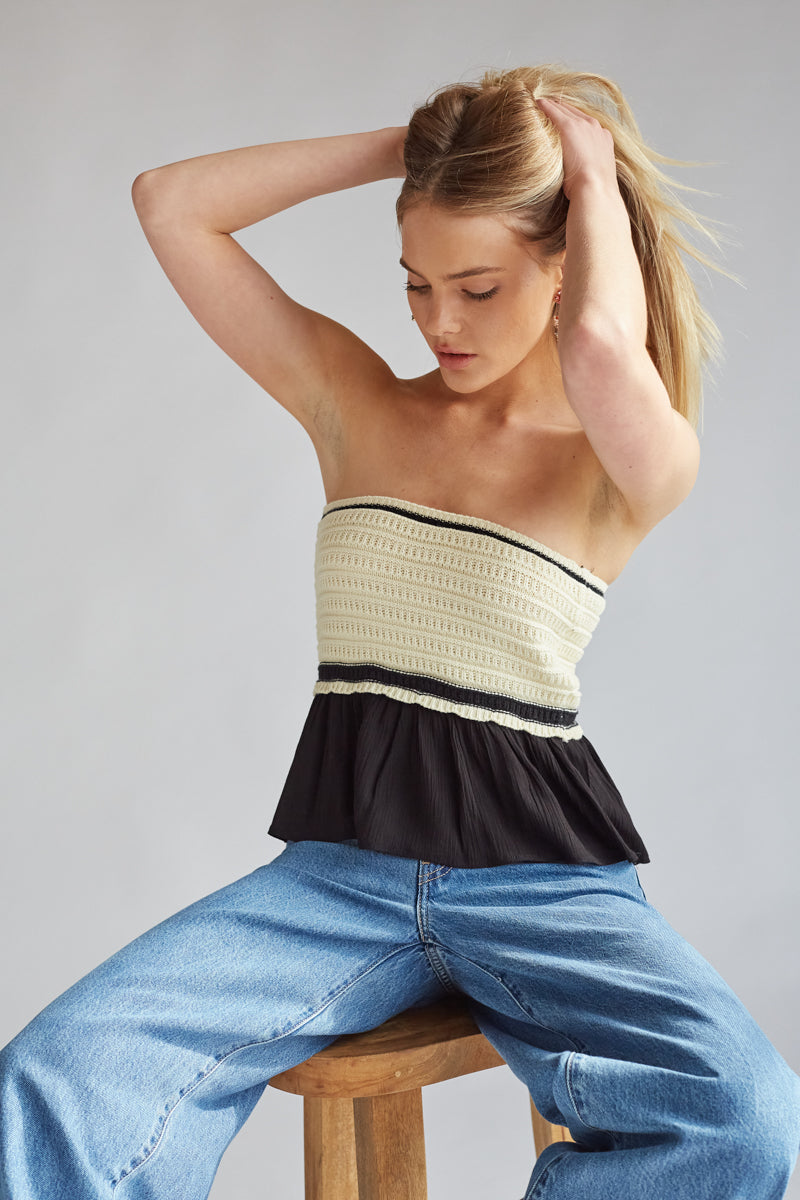 strapless black and cream crochet knit top with black stripe and peplum detail | summer strapless top