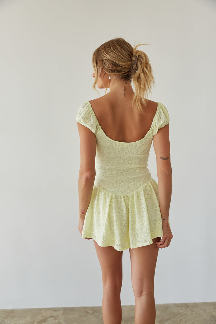 back view | bright pastel yellow lace puff sleeve mini dress | summer dress outfits