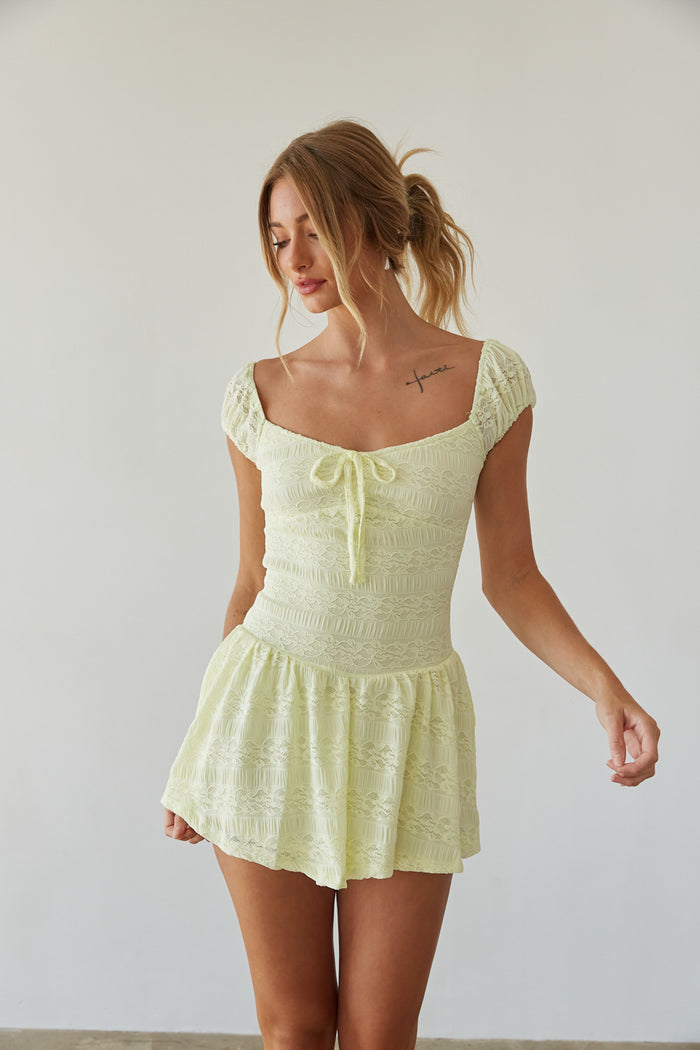 front view | bright pastel yellow lace puff sleeve mini dress | summer dress outfits
