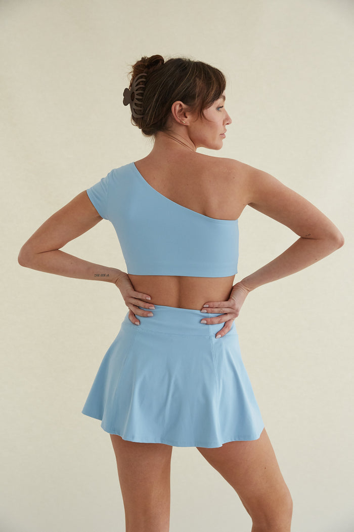 Baby blue one-shoulder fitted top with- buttersoft fabric