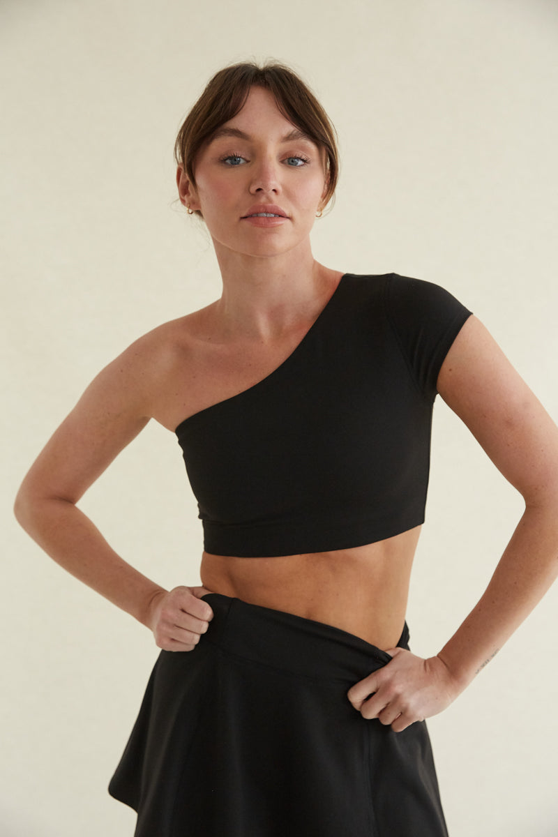 Black one-shoulder fitted t shirt- comfortable and cute activewear