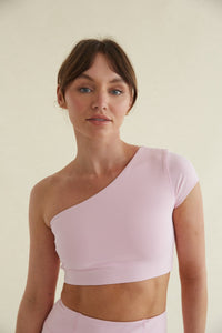 butter-soft one-shoulder pink workout top