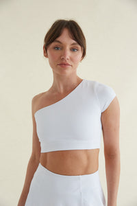 White one-shoulder activewear top with smoothing fabric