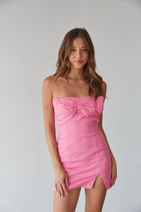 strapless mini dress in pink with bow front detail - pink barbiecore dress with bow on front