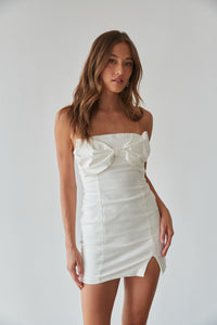 strapless bow front mini dress in white