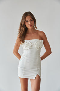 white bow front strapless mini dress