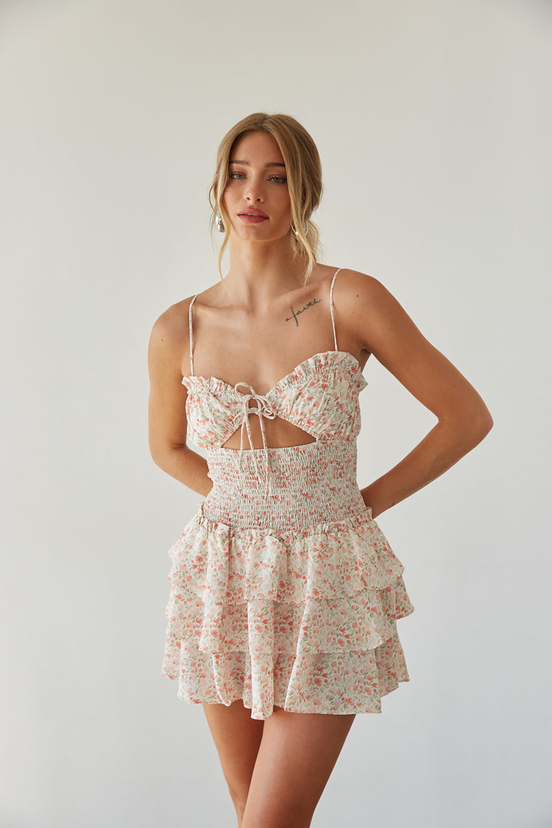Mirabelle Floral Keyhole Cutout Romper, Rose Floral / L