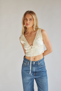 ivory lace trime satin lingerie styled crop top | 2024 trendy going out tops