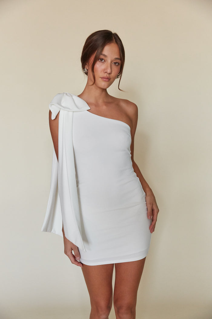 shoulder bow white mini dress | unique rush dress boutique | engagement photos dress 
