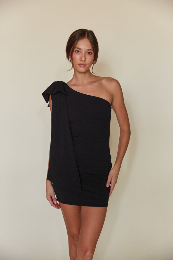 black one shoulder bow sleeve bodycon mini dress | holiday cocktail dress boutique  | black-image