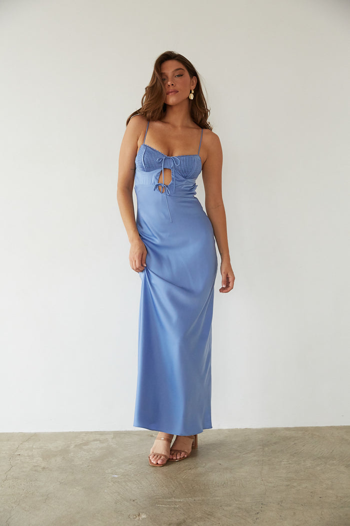 Misty Open Back Cutout Satin Maxi Dress Shop American Threads Online Chambray / M Misty Open Back Cutout Satin Maxi Dress Shop American Threads Online Chambray / M