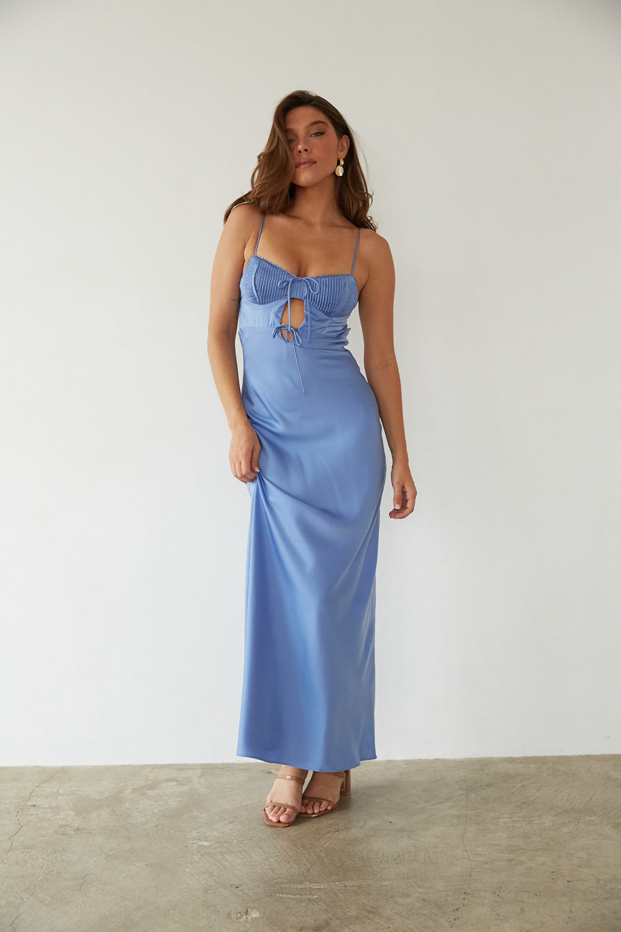Misty Open Back Cutout Satin Maxi Dress, Chambray / L