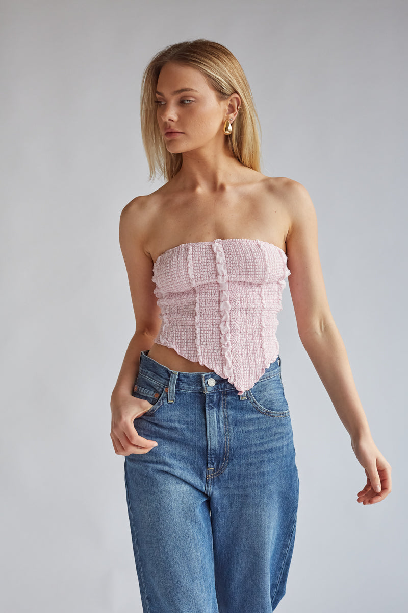ballet pink puff textured tube top with pointed hem detail | balletcore going out top