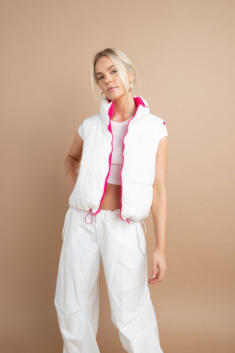 white reversible puffer vest with pink option | clean girl aesthetic puffer vest