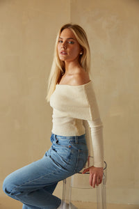 ivory off the shoulder fitted sweater top - knit long sleve with foldover neckline