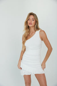 white one shoulder mini dress with ruffle hem