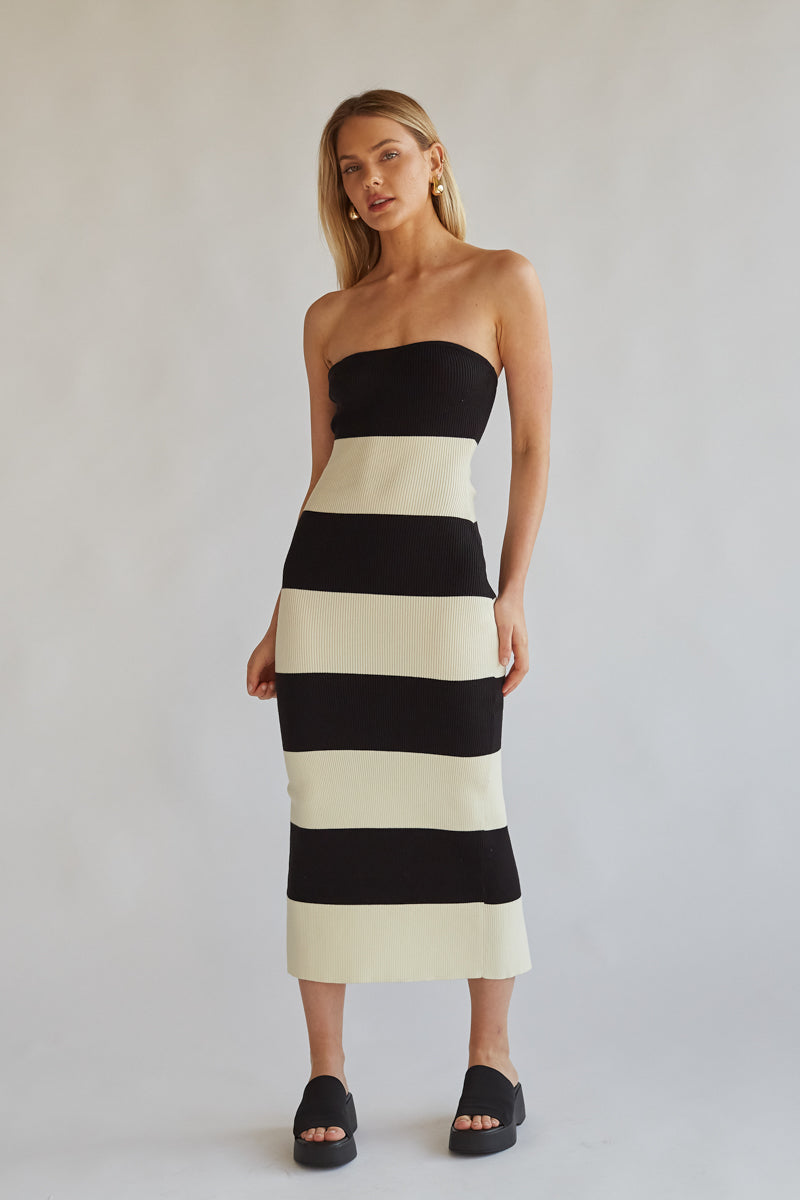Nikki Striped Knit Midi Tube Dress Shop American Threads Women's Trendy Online Boutique Black/White / L Nikki Striped Knit Midi Tube Dress Shop American Threads Women's Trendy Online Boutique Black/White / L