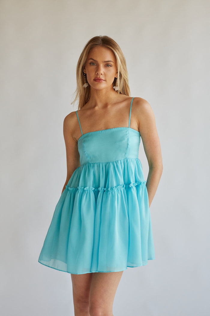front view turquoise blue mini dress with tiered ruffle skirt