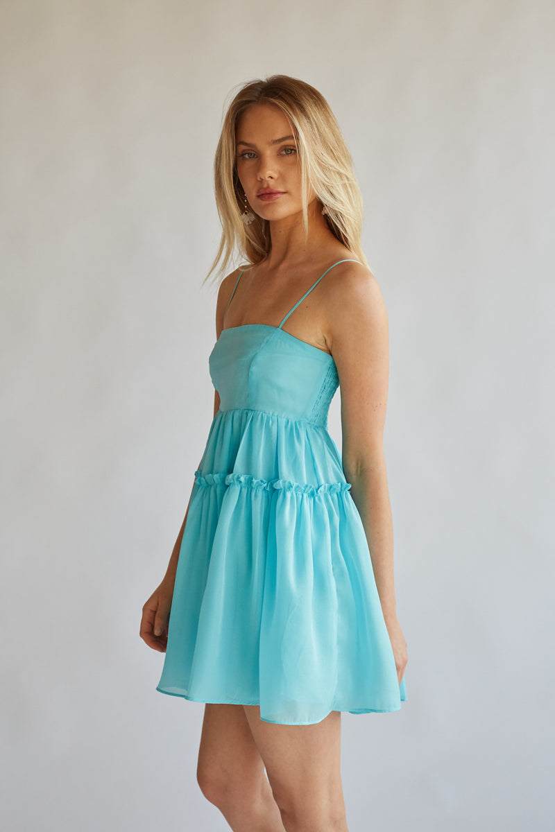 side view aqua blue babydoll mini dress with spaghetti straps
