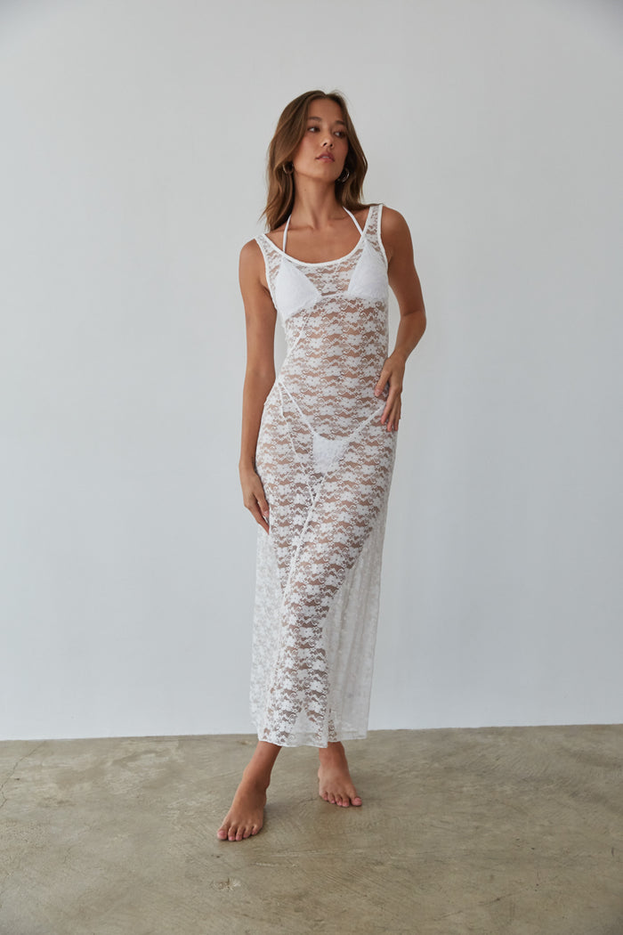 Full length straight cut dress in sheer floral lace material- perfect for a beach cover up | white-image