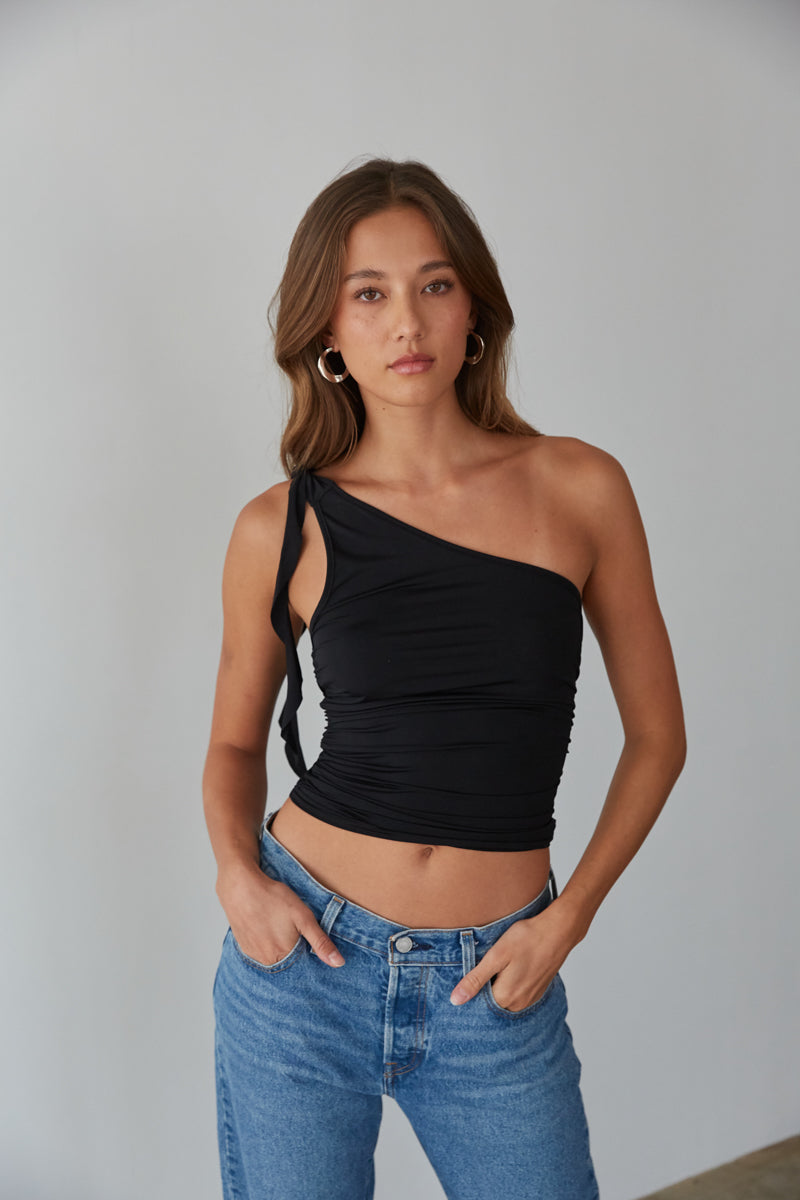 black one shoulder top - ruched slinky top with tie knot detail - summer 2023 outfit inspo