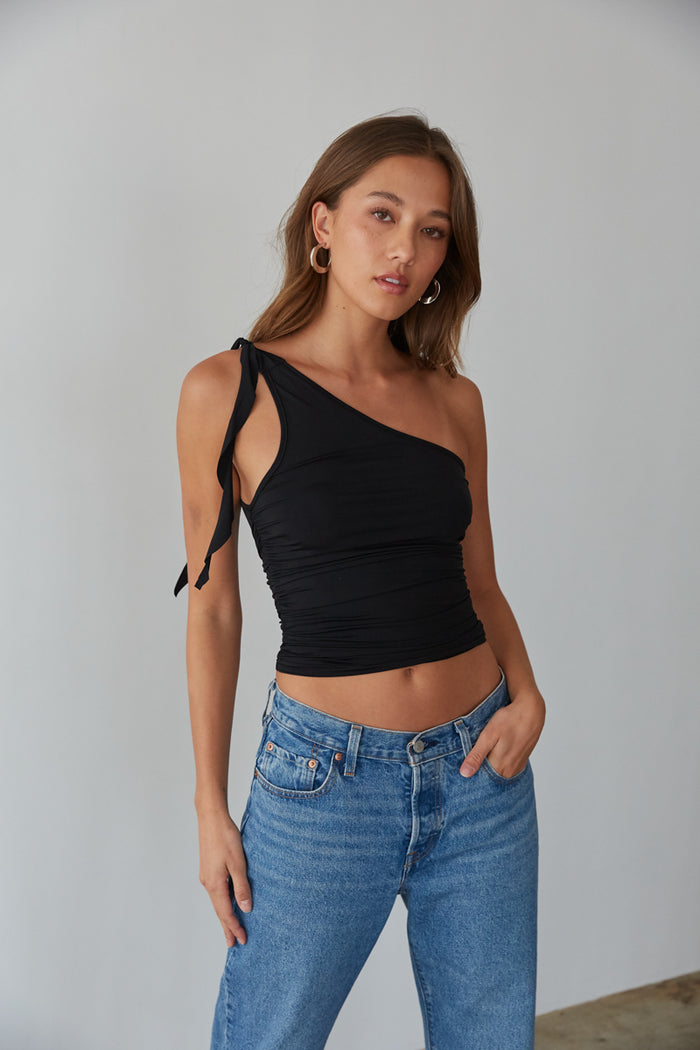 black ruched asymmetrical slinky top - one shoulder tie knot top - going out tops