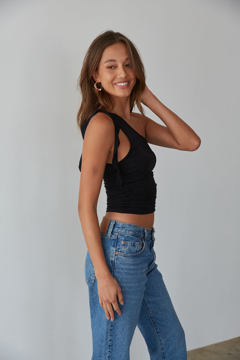 black tie knot asymmetrical top - one shoulder ruched top - going out top inspo