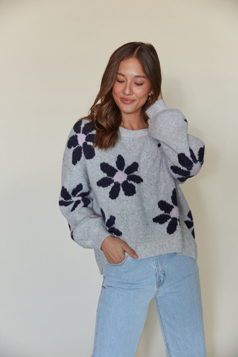 heather grey crewneck sweater top with dark blue flower pattern | gift ideas for teen girls christmas 2023