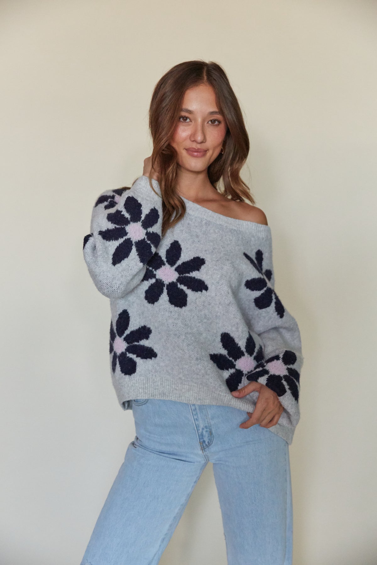 grey sweater with navy and lavender flowers | oversized slouchy cozy knit crewneck sweater for winter 2023