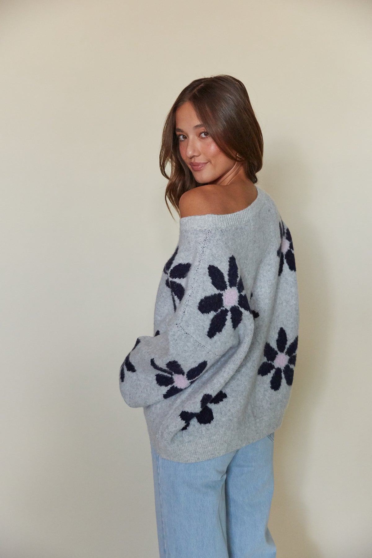 grey and navy off the shoulder relaxed fit floral sweater | trendy oversized sweater boutique