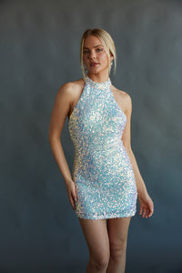 opal sequin mini dress - formal mini dress boutique - birthday mini dress with sequin halter neck
