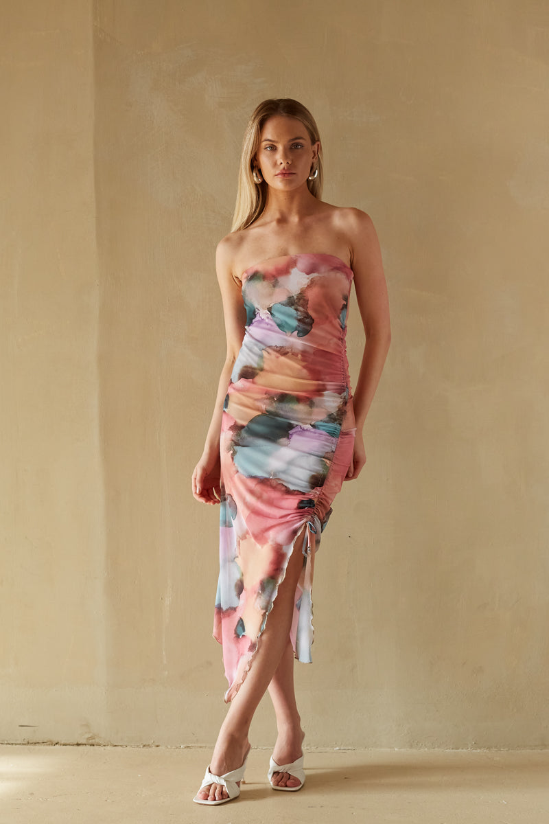 watercolor multi strapless asymmetrical midi dress with side ruching | art gallery cocktail dress