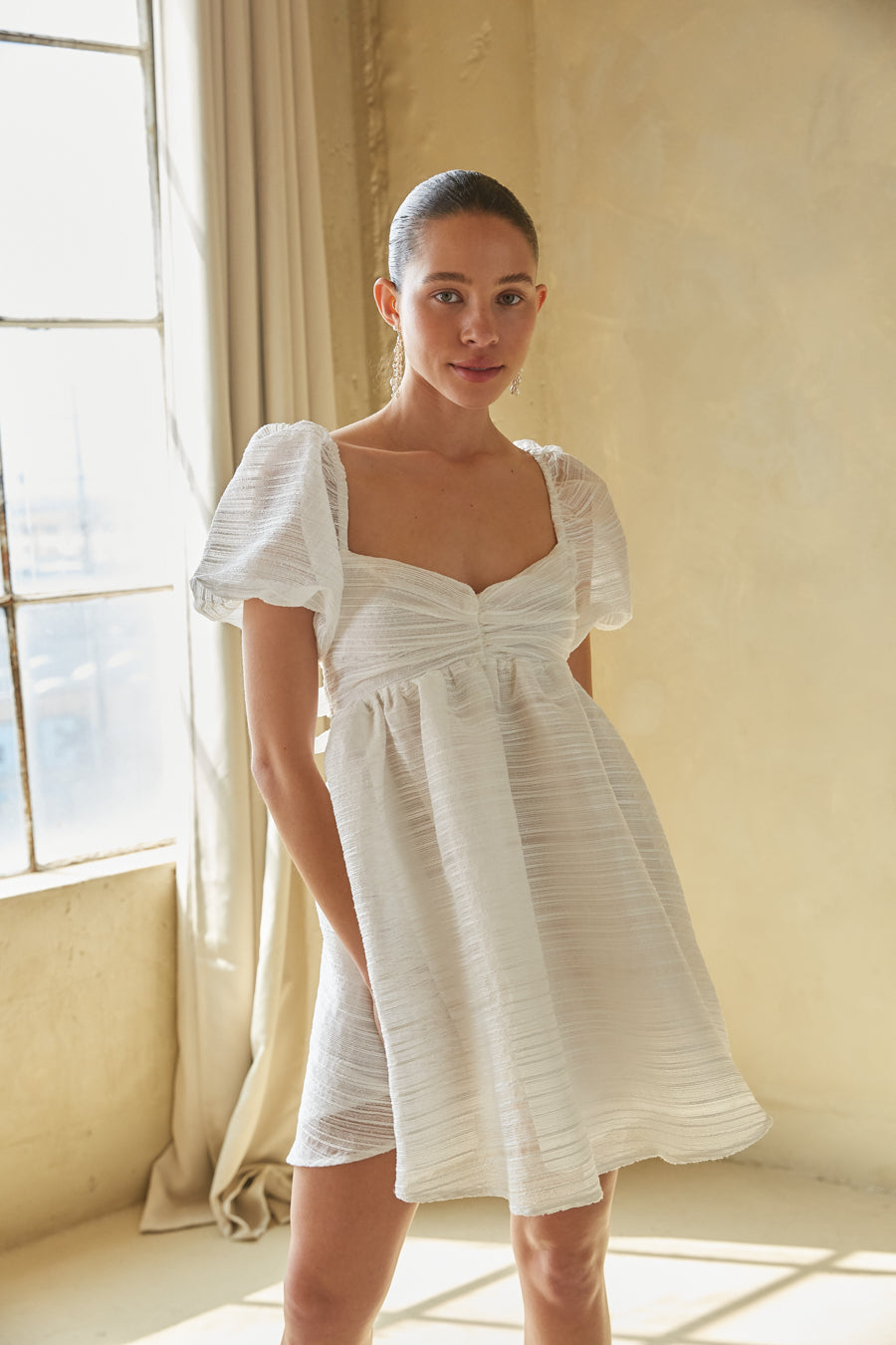 white organza puff sleeve mini dress with open back | white tulle mini dress