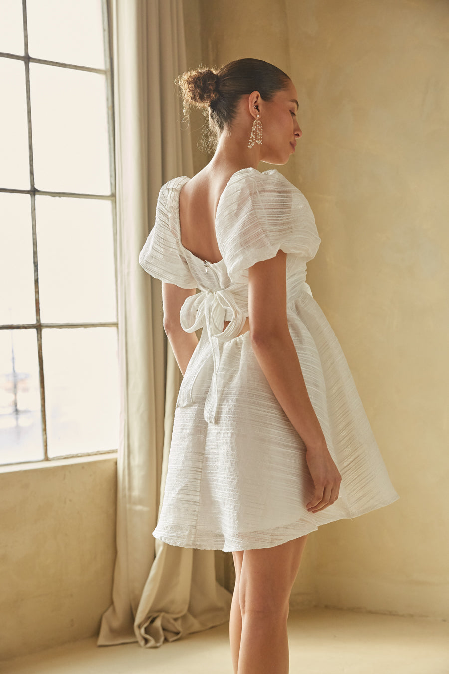 organze puff sleeve babydoll mini dress with open back | unique white mini dresses