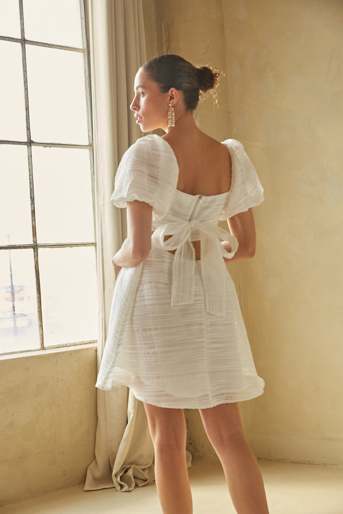 white puff sleeve open back babydoll mini dress | unique white mini dresses