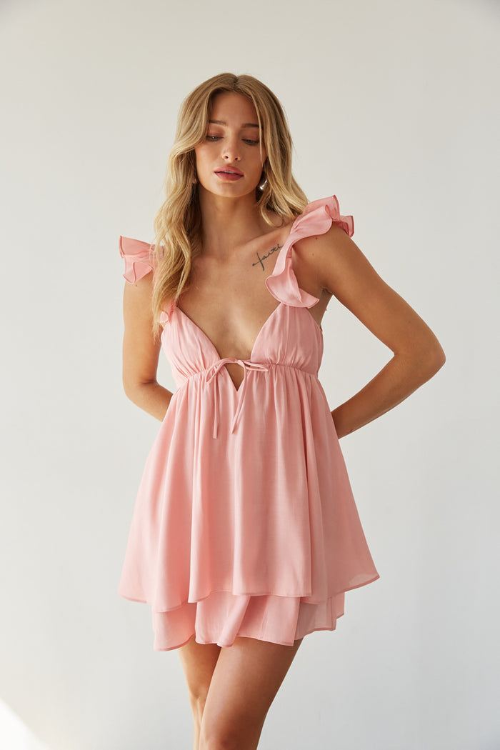 pink-image | front view | blush pink ruffle strap babydoll mini dress