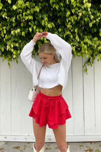 red faux leather shorts - high waisted relaxed ruffle shorts - valentines day outfit inspo