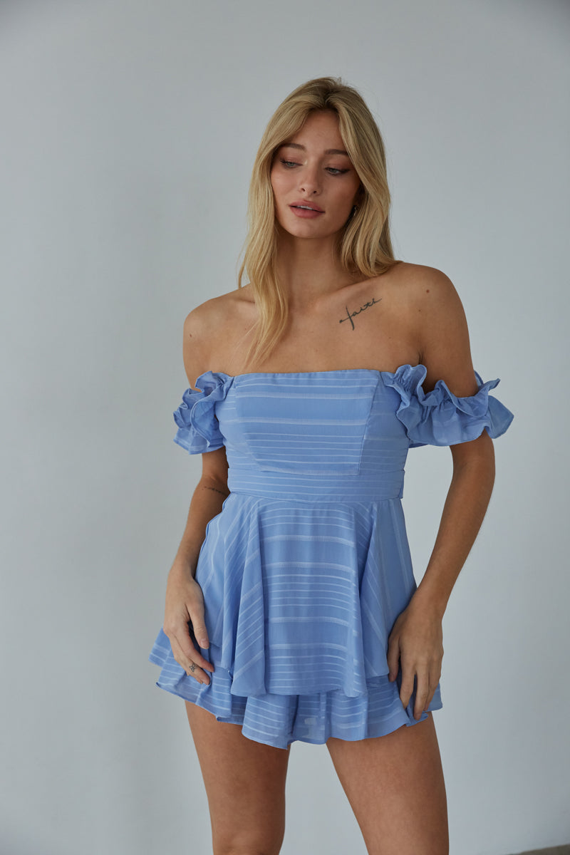 blue striped ruffle romper - off the shoulder ruffle sleeve romper - sorority rush outfit