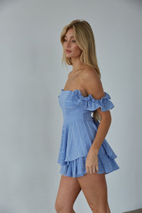 blue mini dress for sorority recruitment - striped fabric with layers of ruffles