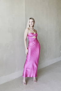 pink double twist strapless maxi dress