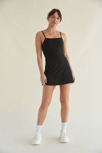 Black Double Lined Mini Tennis Dress- adjustable straps and built in shorts with pockets