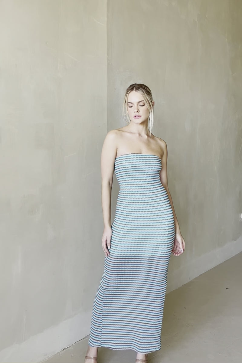 strapless striped knit maxi dress