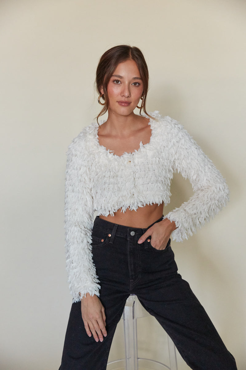 cream fluffy fringe cropped button up cardigan | winter wardrobe must haves