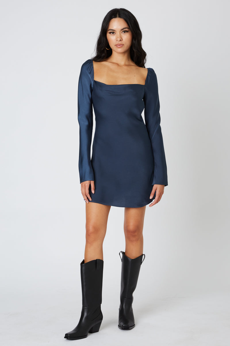 Raven Open Back Long Sleeve Mini Dress, Navy / M