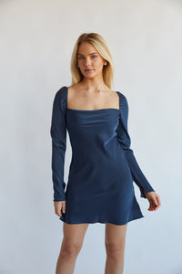 dark blue open back cowl neck long sleeve mini dress - holiday mini dress boutique 