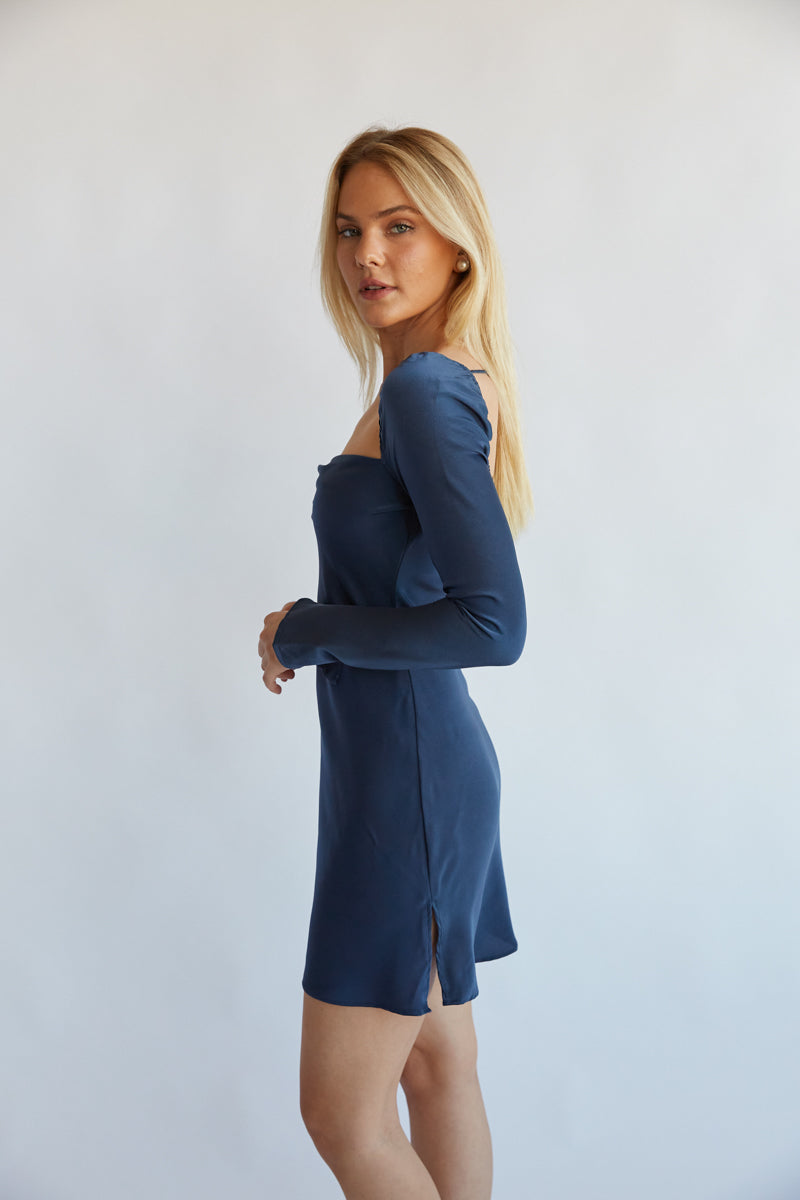 modest formal mini dress boutique - open back mini dress with long sleeves with sli