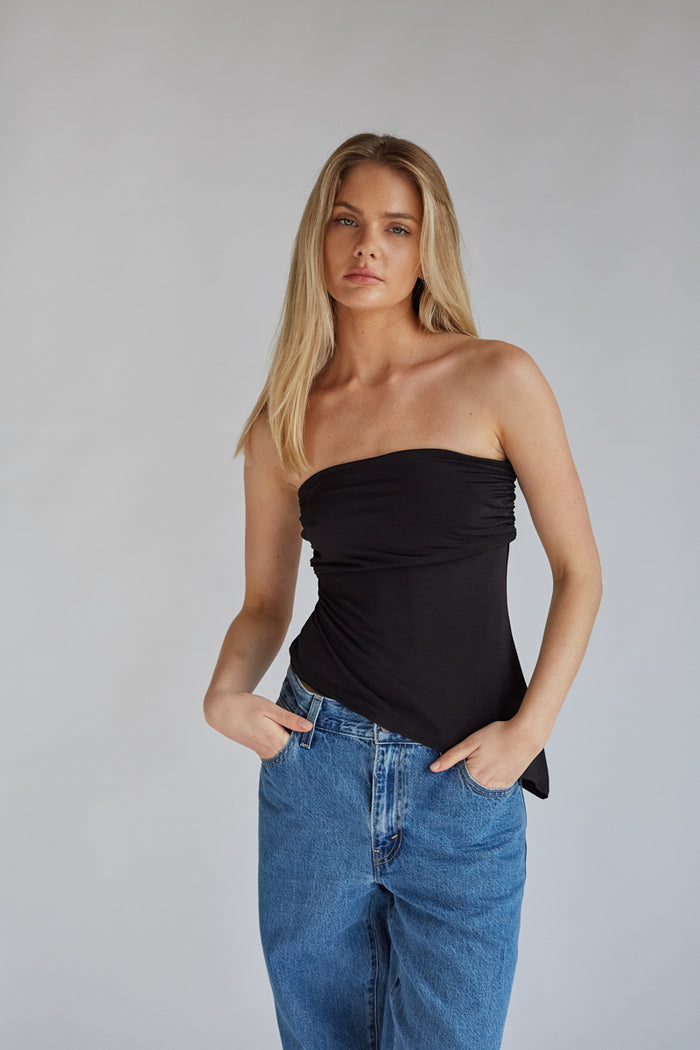 black strapless asymmetrical hem tube top with ruched sides | going out top | black casual top 