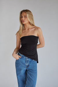 black tube top with asymmetrical hem and side ruching | spring going out tops black